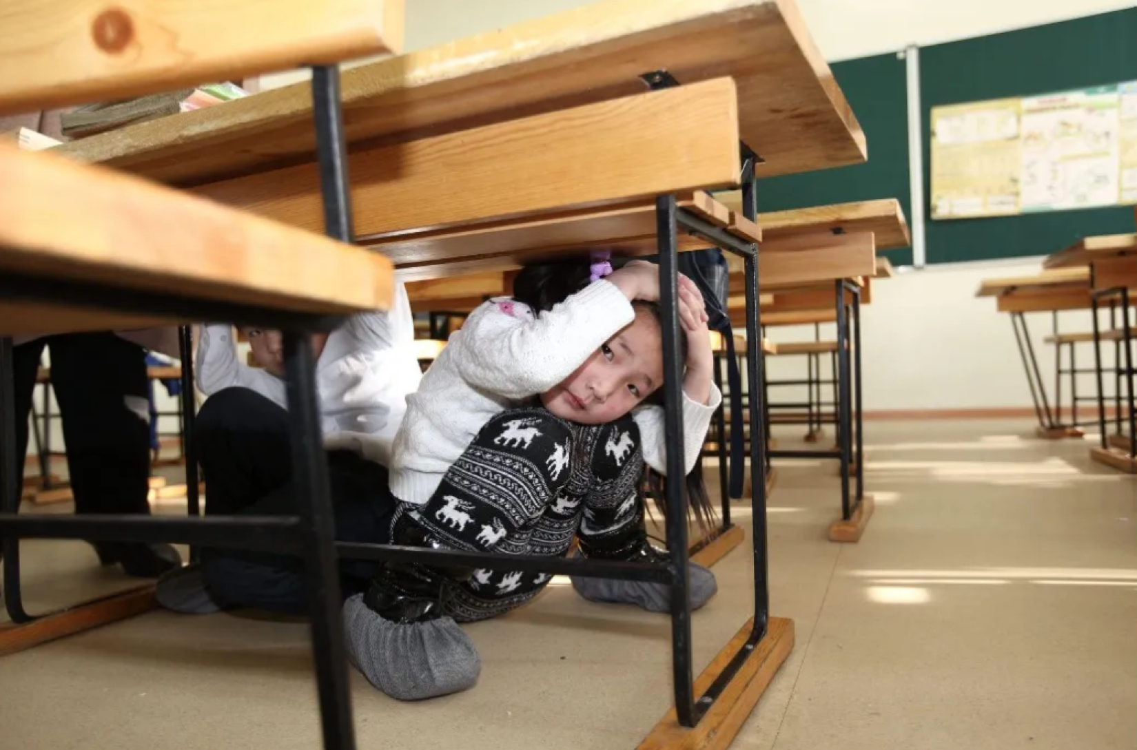 School children take cover under a desk during an earthquake preparedness drill | Photo: IFRC